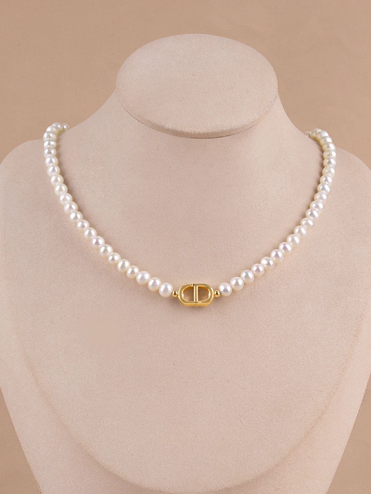 

5-6mm shining round flawless vintage nature freshwater Pearl golden plated necklace for Women Girl's choker jewelry