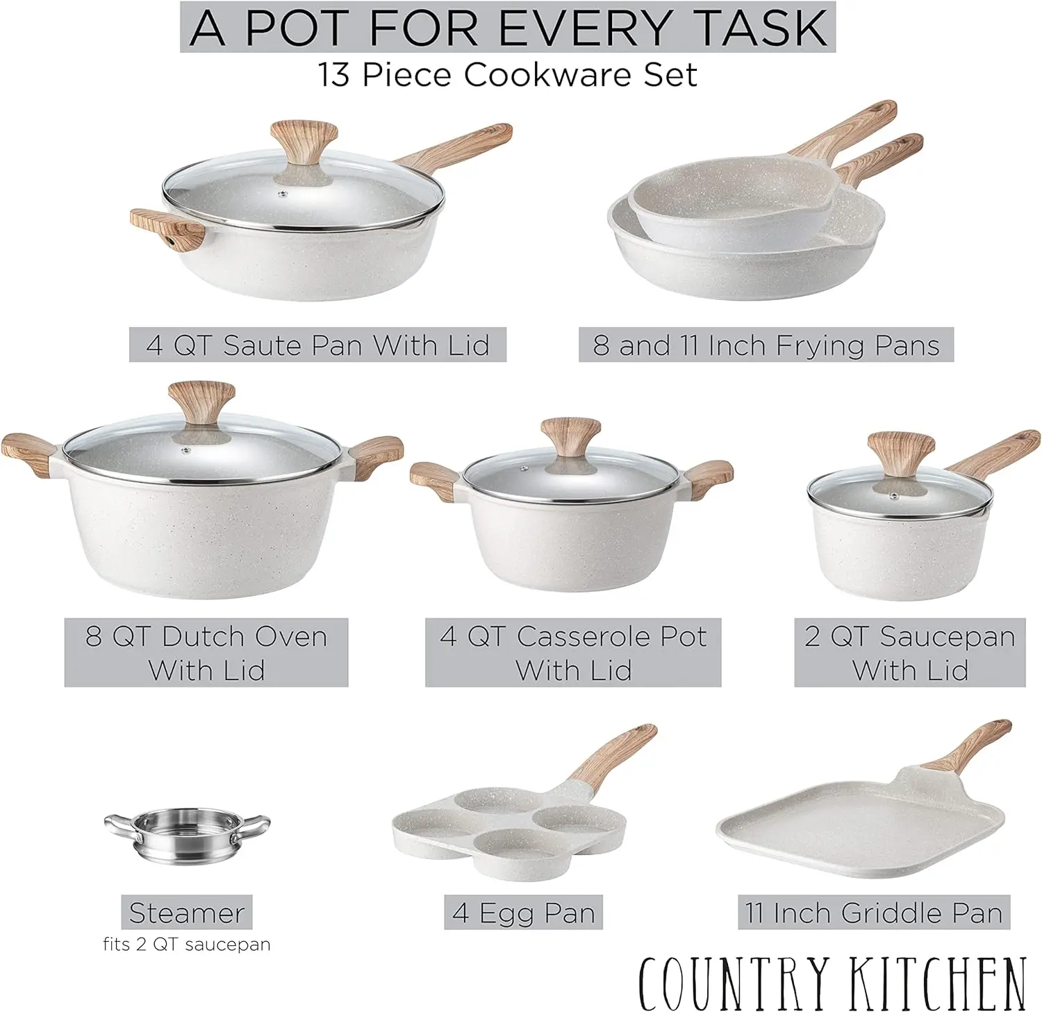 Country Kitchen Induction Cookware Sets - 13 Piece Nonstick Cast Aluminum Pots and Pans with BAKELITE Handles, Glass Lids -Cream