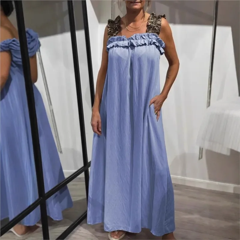 2025 Summer Boho Leopard Print Suspender dress Casual Pocket Long Skirt Loose A-line Large Hem Dresses Beach Party Robe Femme