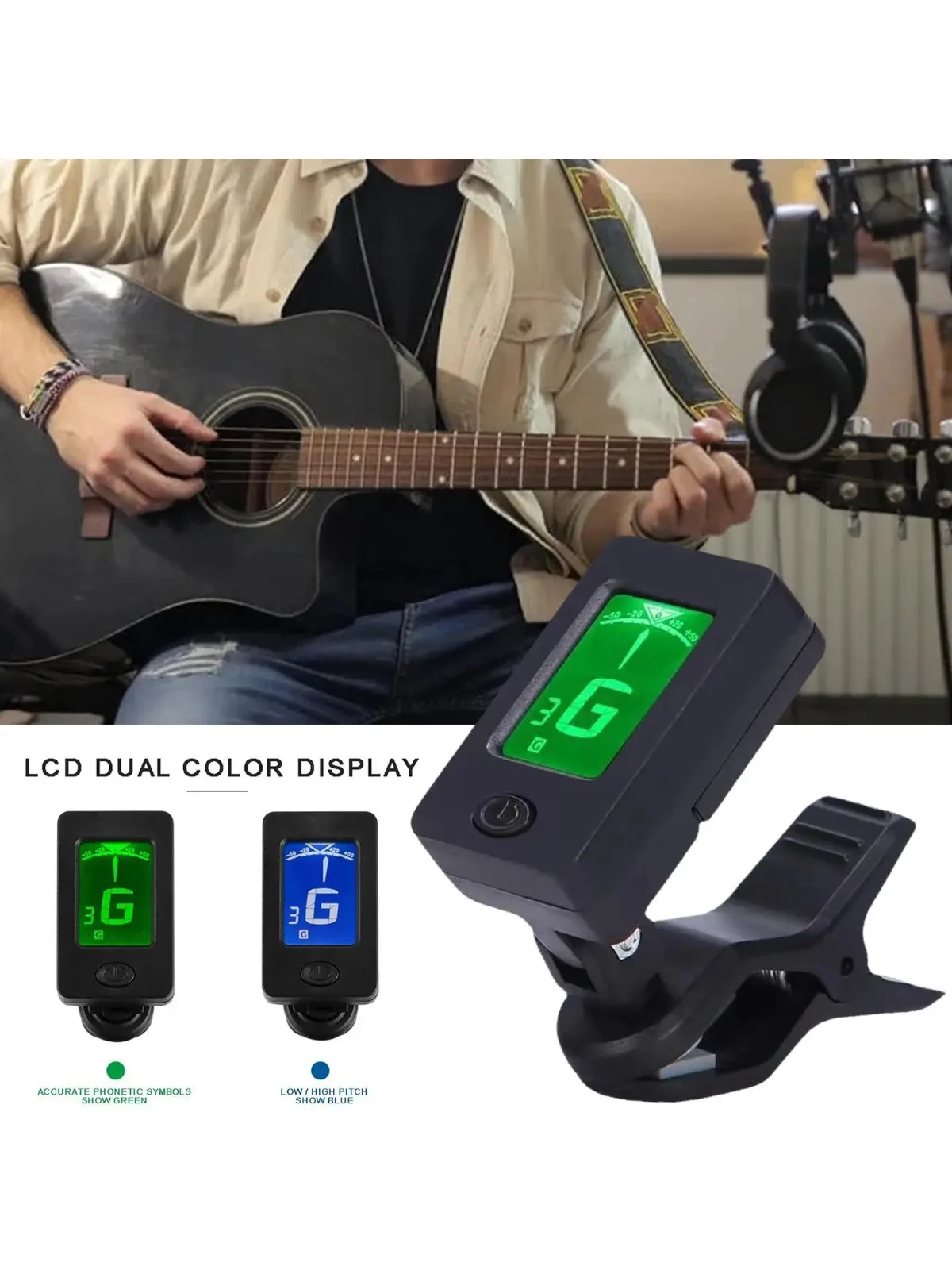 Clip-On Digitaler 360-Grad-Gitarrenstimmer, Geeignet für Akustikgitarre, Ukulele und Instrumentenzubehör
