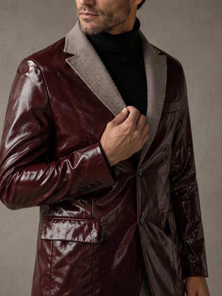 Men's Wine Red Patent Faux Leather Business Blazer Contrast Lapel Slim Suit Jacket for Party Wedding Banquet Formal Occasions