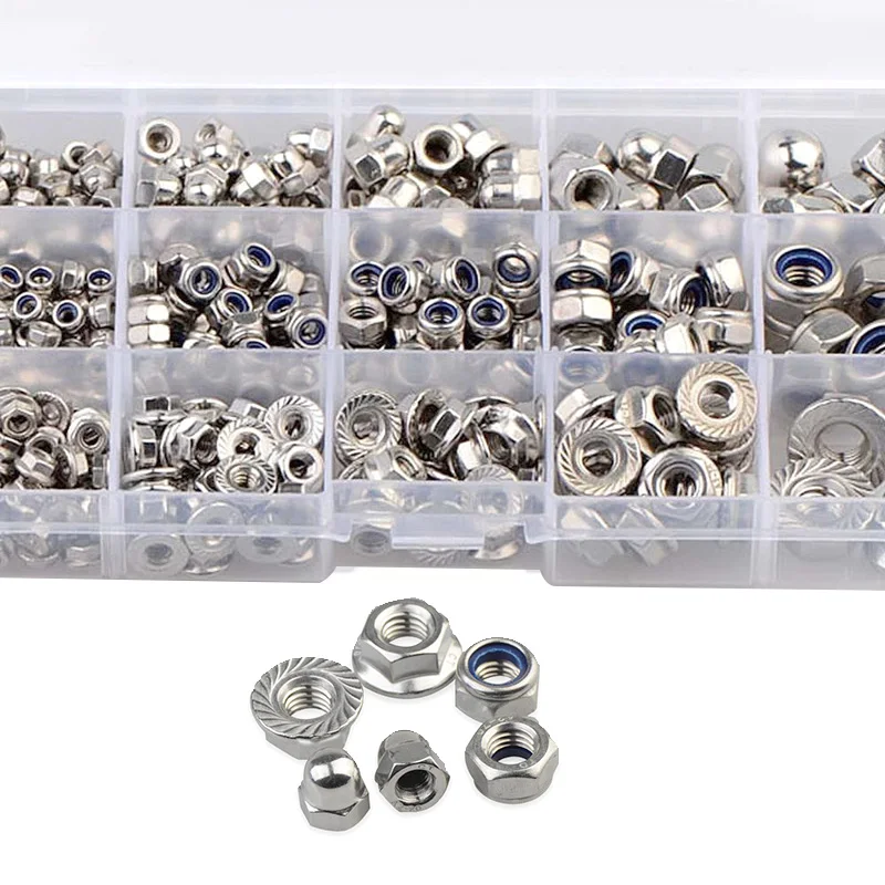 385PCS M3 M4 M5 M6 M8 Flange Nut Cap nut Nylon nut Assortment Kit 304 Stainless Steel DIN6923 Nut DIN985 Nylon nut Fastener Set