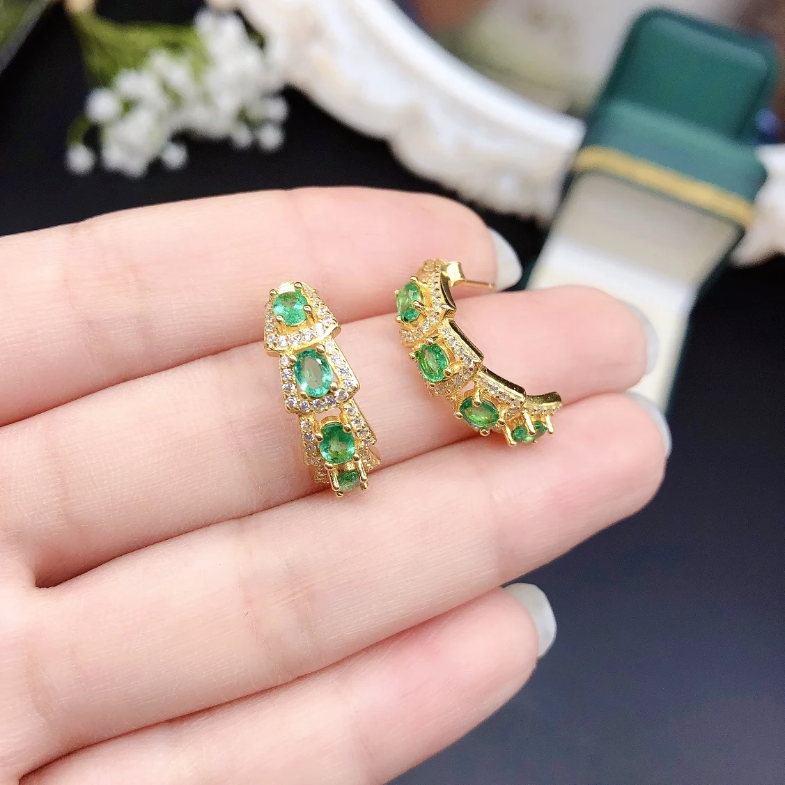 Sterling Silver 925 Natural Colombian Emerald Women's ear buckle Luxury Women's wedding Gift Free Shipping Boutique jewelry