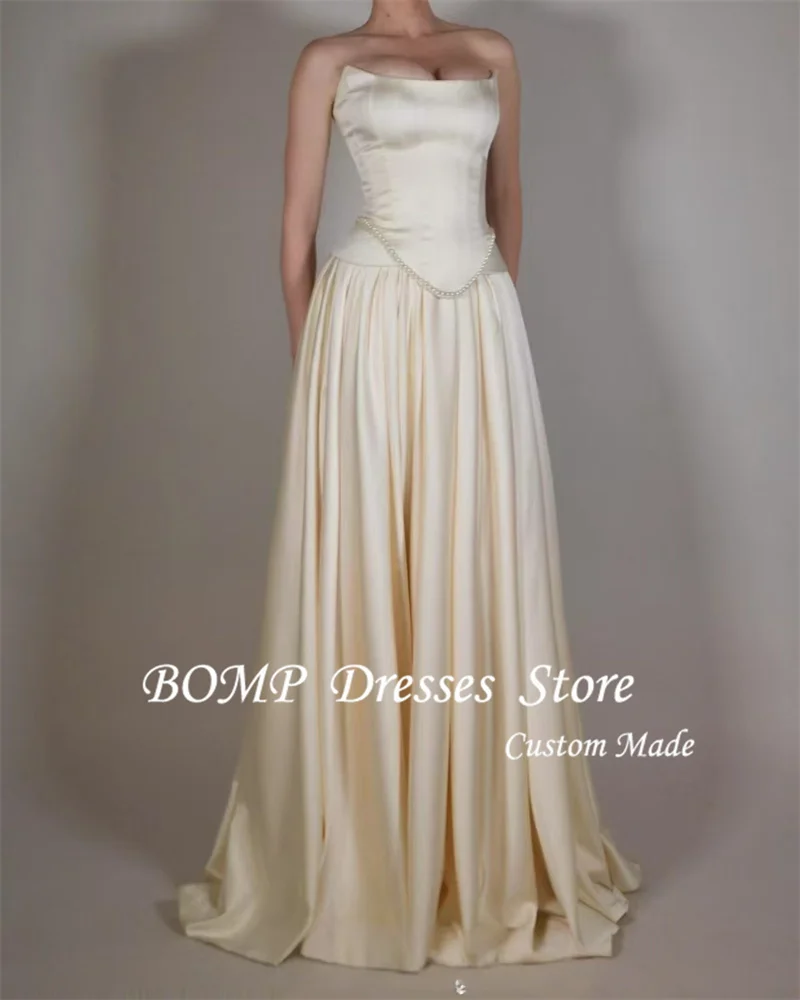 BOMP 2025 New Simple A Line Wedding Dresses Vestidos de noiva Strapless Thick satin Pearls Bridal Gowns Customized Formal