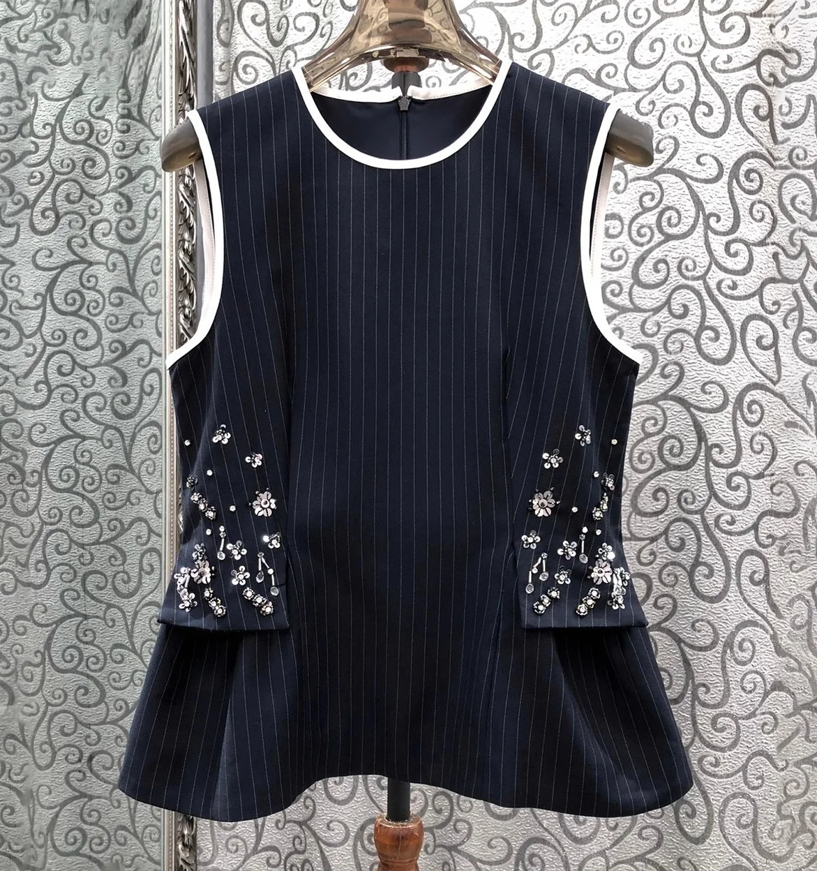 

Top Quality New Vest Coat 2025 Autumn Winter Fashion Outwear Women Striped Print Crystal Beading Deco Dark Blue Coat Outfits