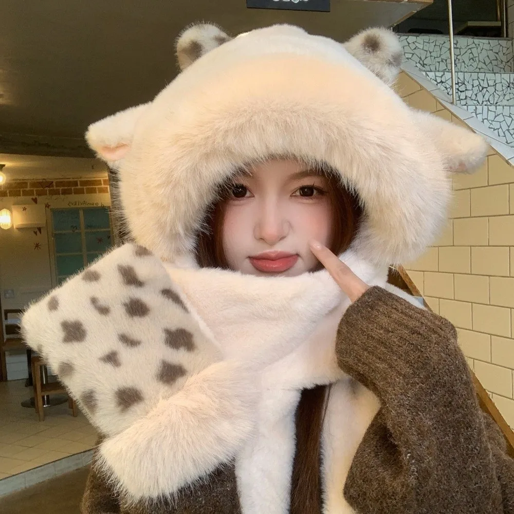 3pcs/Set 3 Piece Set Bear Hat Scarf Gloves Set Polyester Thick Warm Winter Hat Scarf Gloves Set Cold Weather Cold Proof