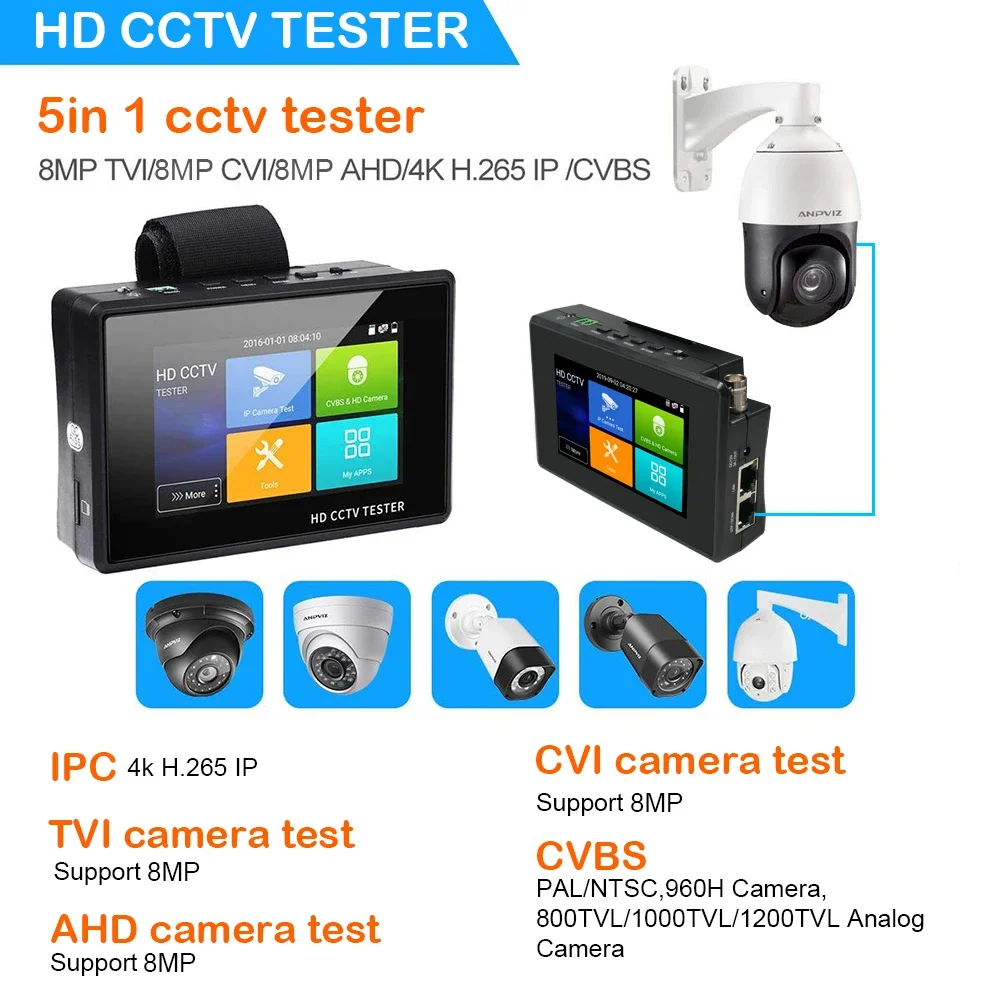 4 Inch Portable Wrist IP Camera Tester CCTV Tester 4K H.265 IP CVBS CVI TVI AHD Analog Camera Tester with POE/IP