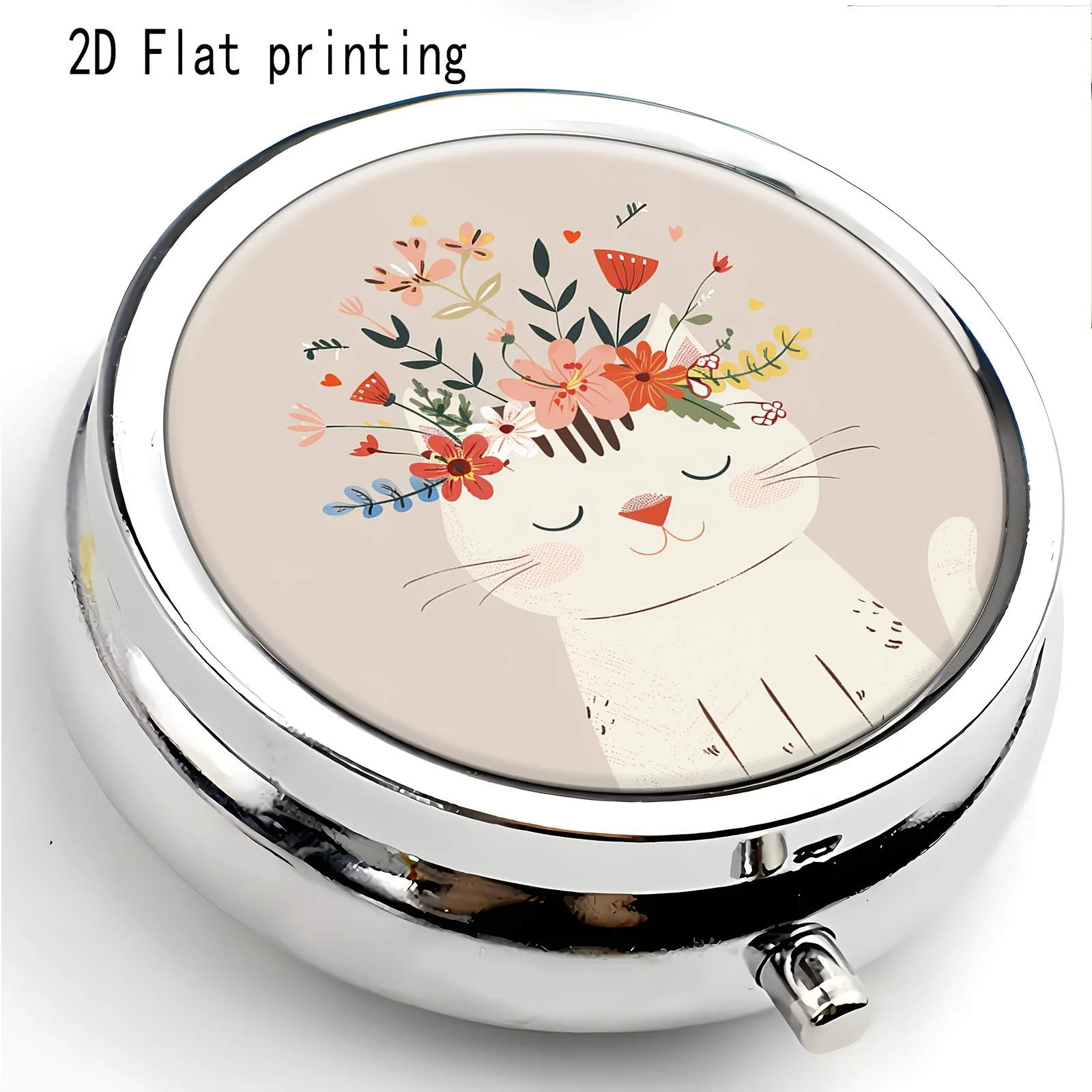 Pill Box with Floral Wreath and Cat Illustration, Simple and Cute, Made of Metal, Suitable for Various Occasions, Practical Gift, Lightweight, Convenient, Exquisite, Easy to Use, Compartmentalized, Small Pill Box, Ideal for Long Trips, Gift-Giving, Personal Use, and General Gift-Giving Purposes
