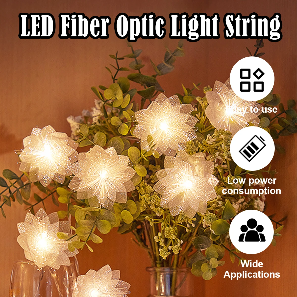 2m/3m Led Fibra Óptica Flores Luzes Fairy Light Decoração Corda Ao Ar Livre Para Quarto Casamento Cobre Paisagem Bateria Férias