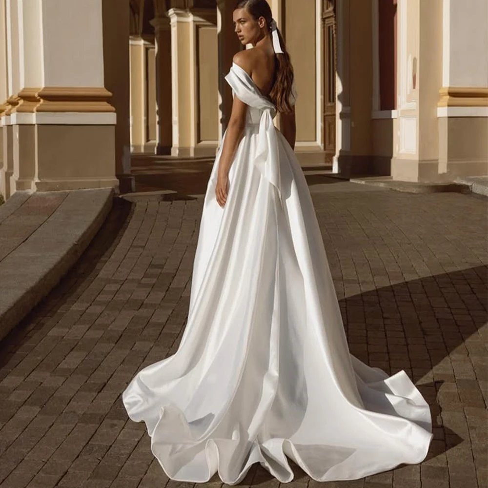 Customized Wedding Dress Off the Shoulder A-Line Floor Length Side Split Satin Bride with Sweep Train Backless Marriage Gowns