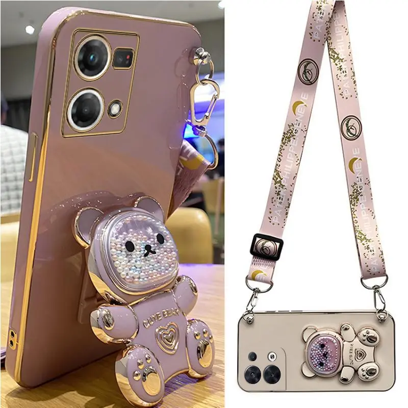 Quicksand Bear Holder Lanyard Phone Case For Huawei P30 P20 P40 Lite Pro Nova 3i 3e 4e 5 5i 8 7 6se smart Plus Strap Stand Cover