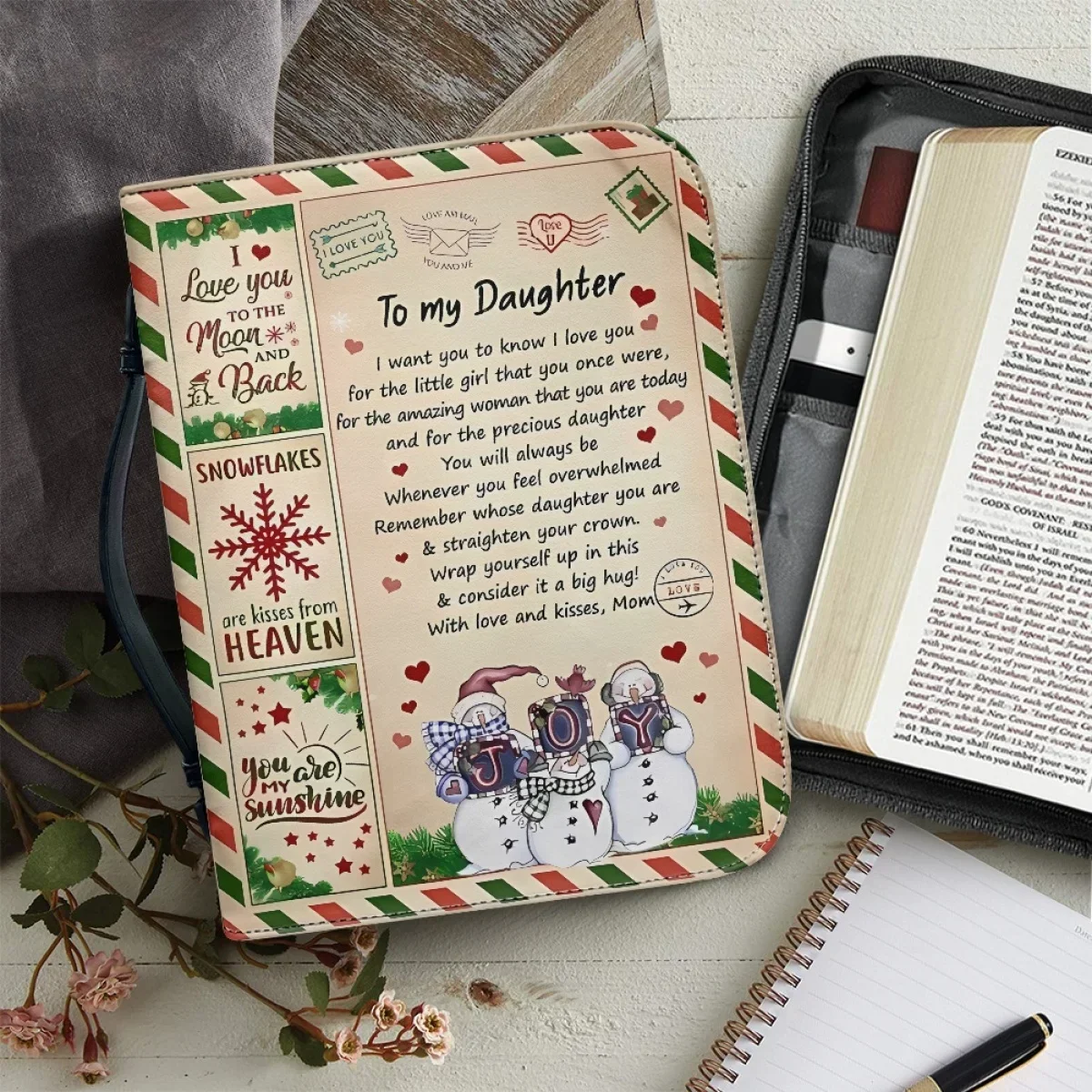 Christmas Blessings to Daughter Print  Bible Cover Case Women Leather Handbags Christmas Zippered Handle Bible Study Book Boxes