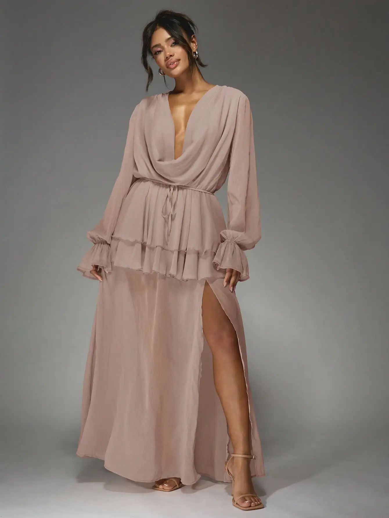 

Elegant Ruffled Cowl Neck Maxi Dress with Long Bishop Sleeves