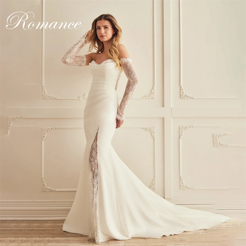 

Elegant Lace Pleat Mermaid Wedding Dress Strapless Long Sleeves Open Back Bridal Gown Side Split Vestidos De Novia Customized