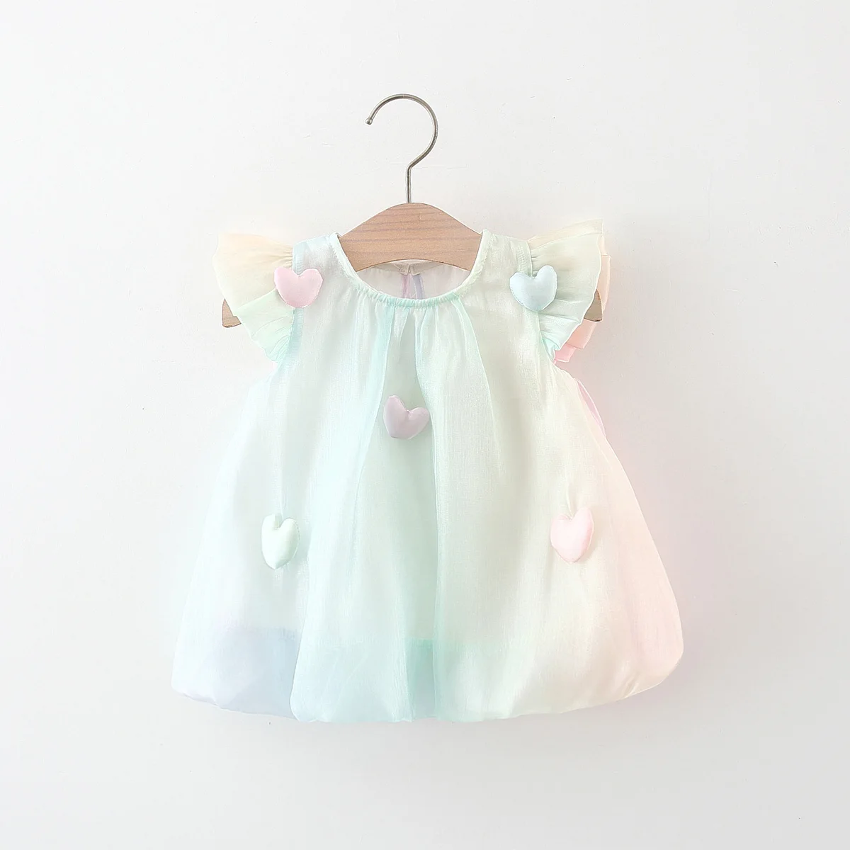 New Summer Dress for Girls, Sweet and Colorful Mesh Love Flying Sleeves Princess Dress Suitable for 0-3 Year Old Babies