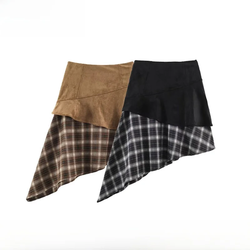 Fashionable High Waist Asymmetric Plaid Splicing Umbrella Skirt for Women Early Autumn New Arrival Ladies Half-length Skirts