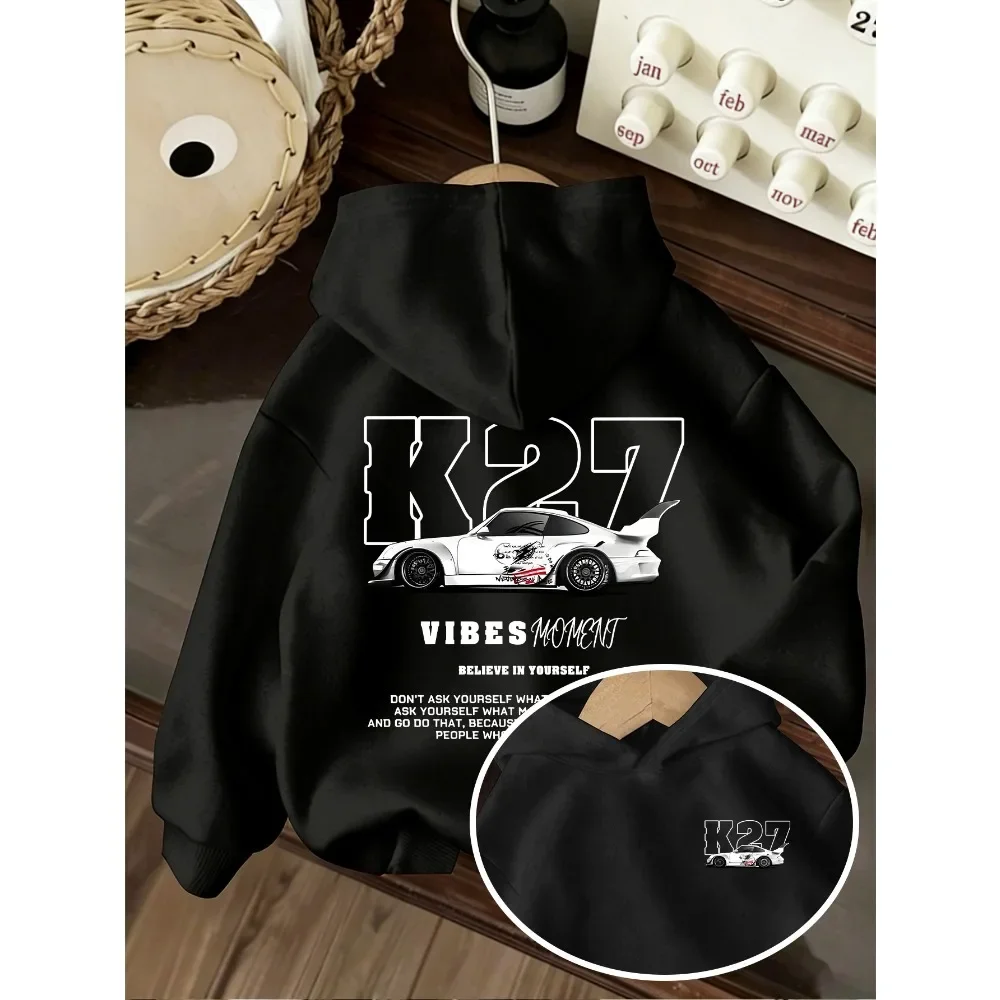 K27 Racing printed kids' car-themed hoodie—a loose-fitting sweatshirt suitable for both boys and girls.
