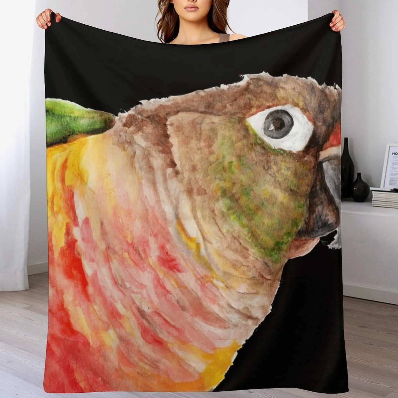 Copie de Green-cheeked Conure - Watercolor Art Red Yellow Green Throw Blanket Sleeping Bag Bed linens Blankets