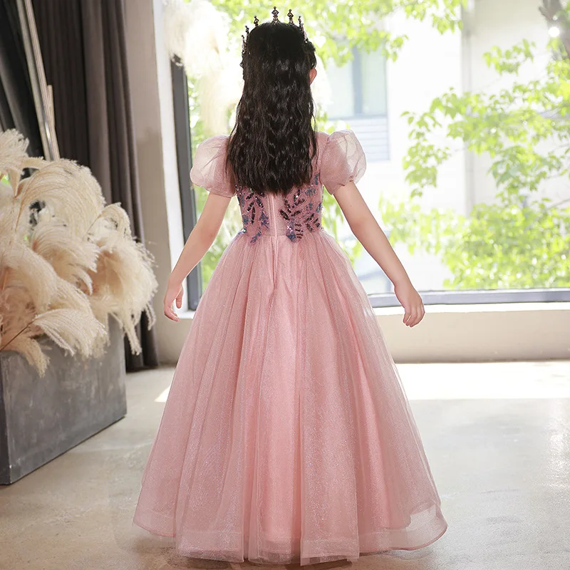 Flower Girls Dress New Fashion Children's Tull Sequin Piano Performance Dresses Cute Girls' A-line Princess Birthday Gown