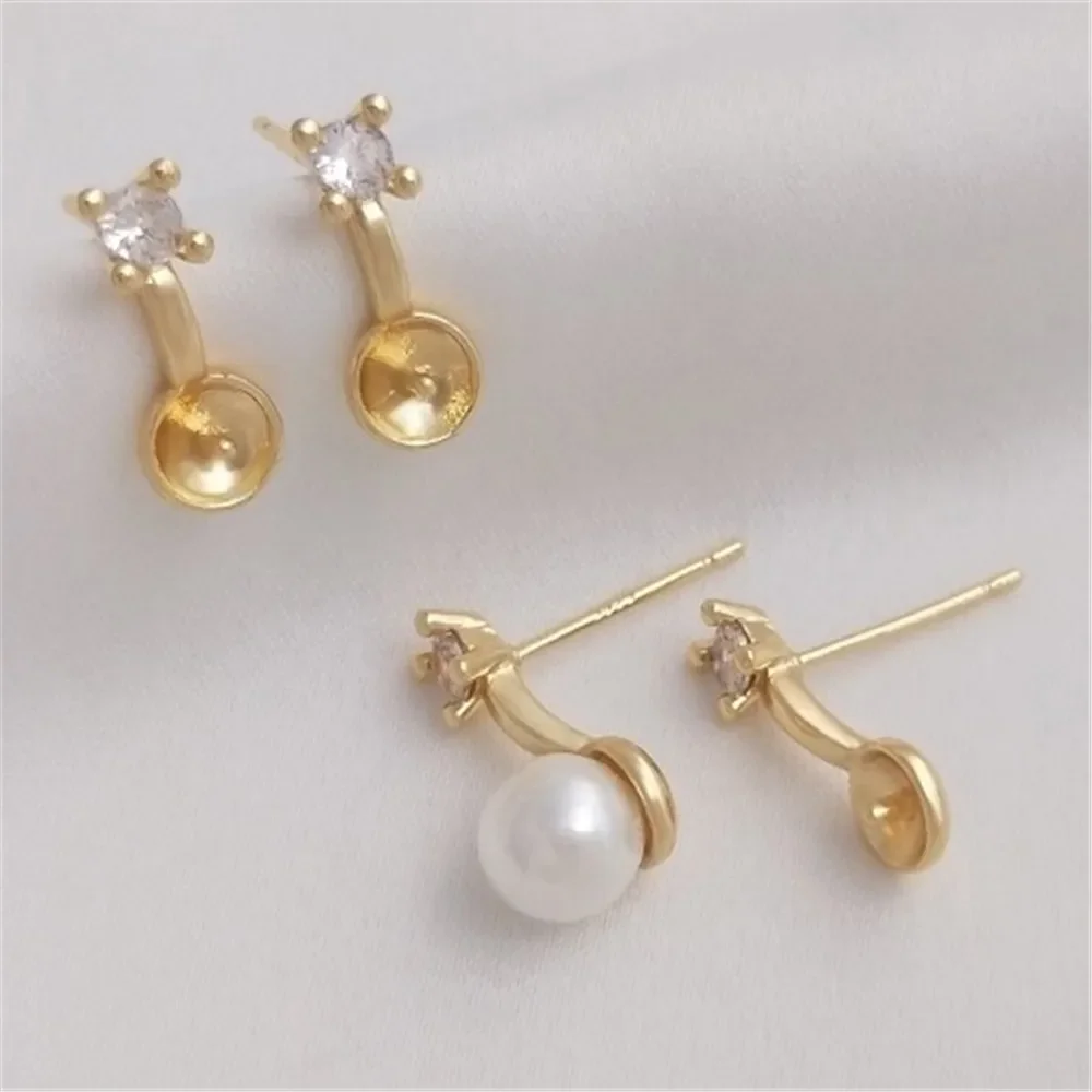 

14K Gold Color Single Zirconia Bead Holder Stud Earrings S925 Silver Pin Sticky Crystal Pearl Earrings DIY Ear Accessories E245