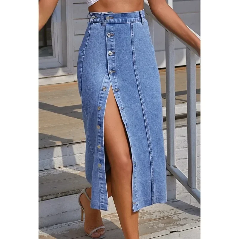 

2025 Women's Button A-line Side Split High Waist Denim Skirt Office Lady Black Blue Midi Jean Skirts Autumn Winter Long Skirt