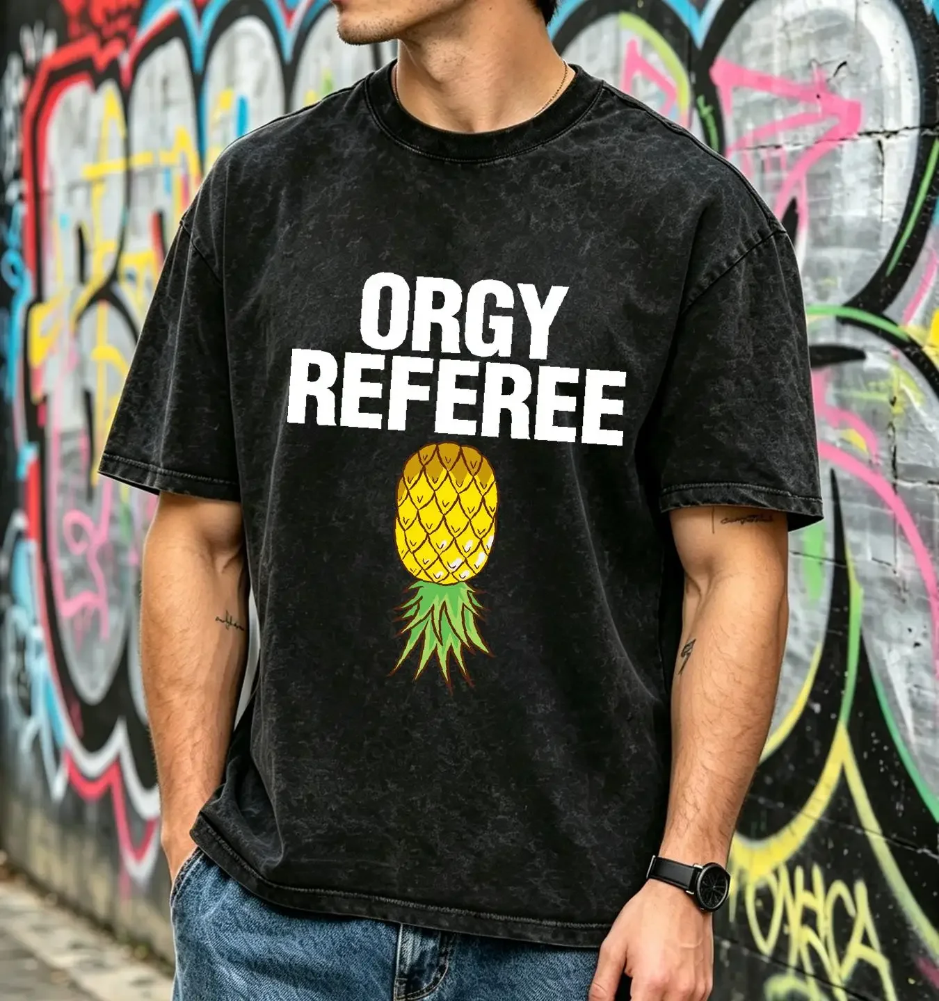 washed T Shirt NEW Orgy Referee Swinger Swingers Pineapple Group Sex long or short sleeves vintage Washed Unisex