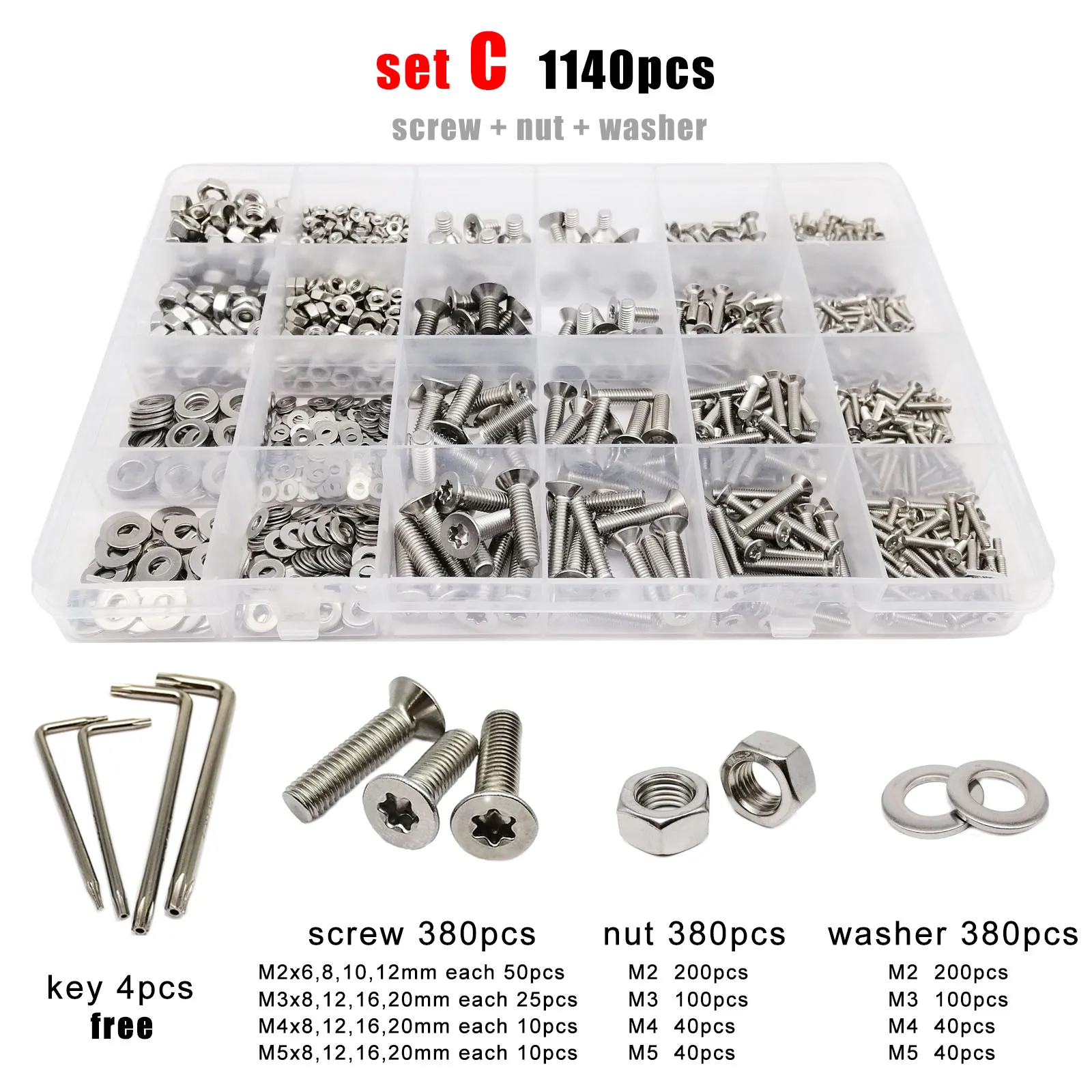 400/650/2100X M1.6 M2 M2.5 M3 M4 M5 304 Stainless Steel Torx Flat Countersunk Head Screw Bolt Nut Washer Set Assortment Kit Box