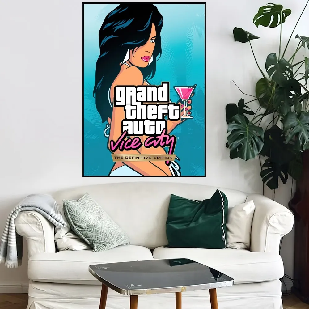 GTA 5 Grand Theft Auto Vice City Game Poster Small Bar Coffee House Decor Aesthetic Art Wall Painting Stickers Indoor