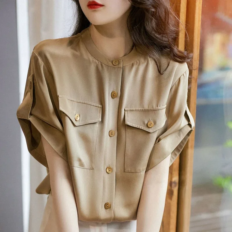 

Summer New Simplicity Pockets Patchwork Shirt Tops Short Sleeve Solid Color Loose Versatile Blouse Elegant Fashion Women Clothes