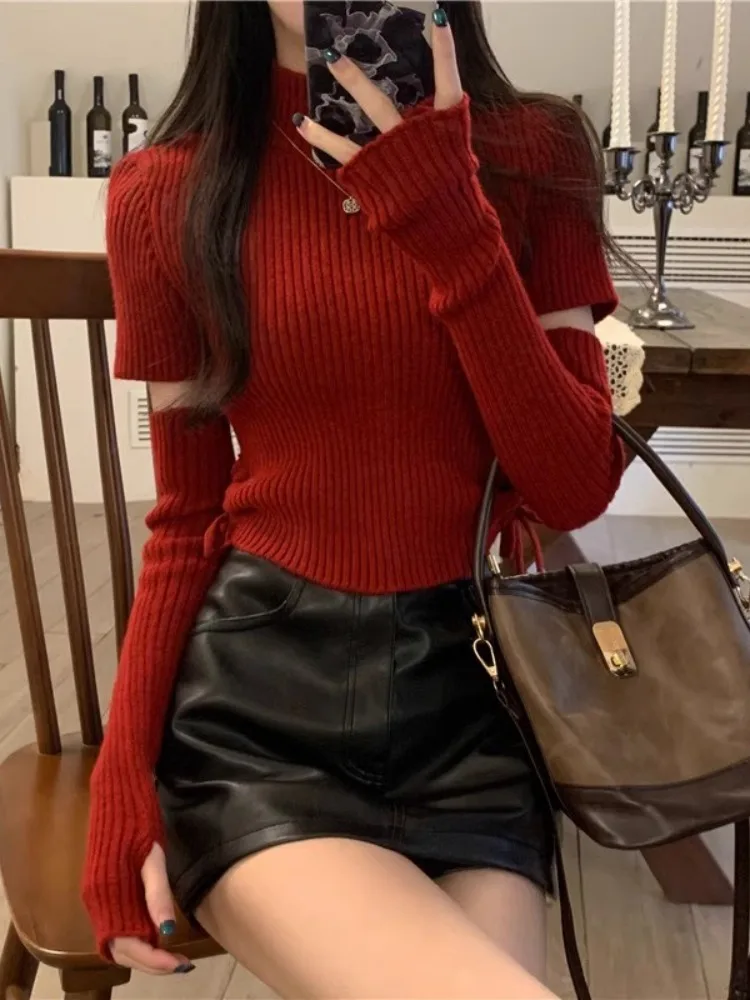 

Cisas Вязаный свитер с вырезами, женский осенне-зимний облегающий длинный све-топ f Высокий круглый Ne Pure Color для поездок на работу S...