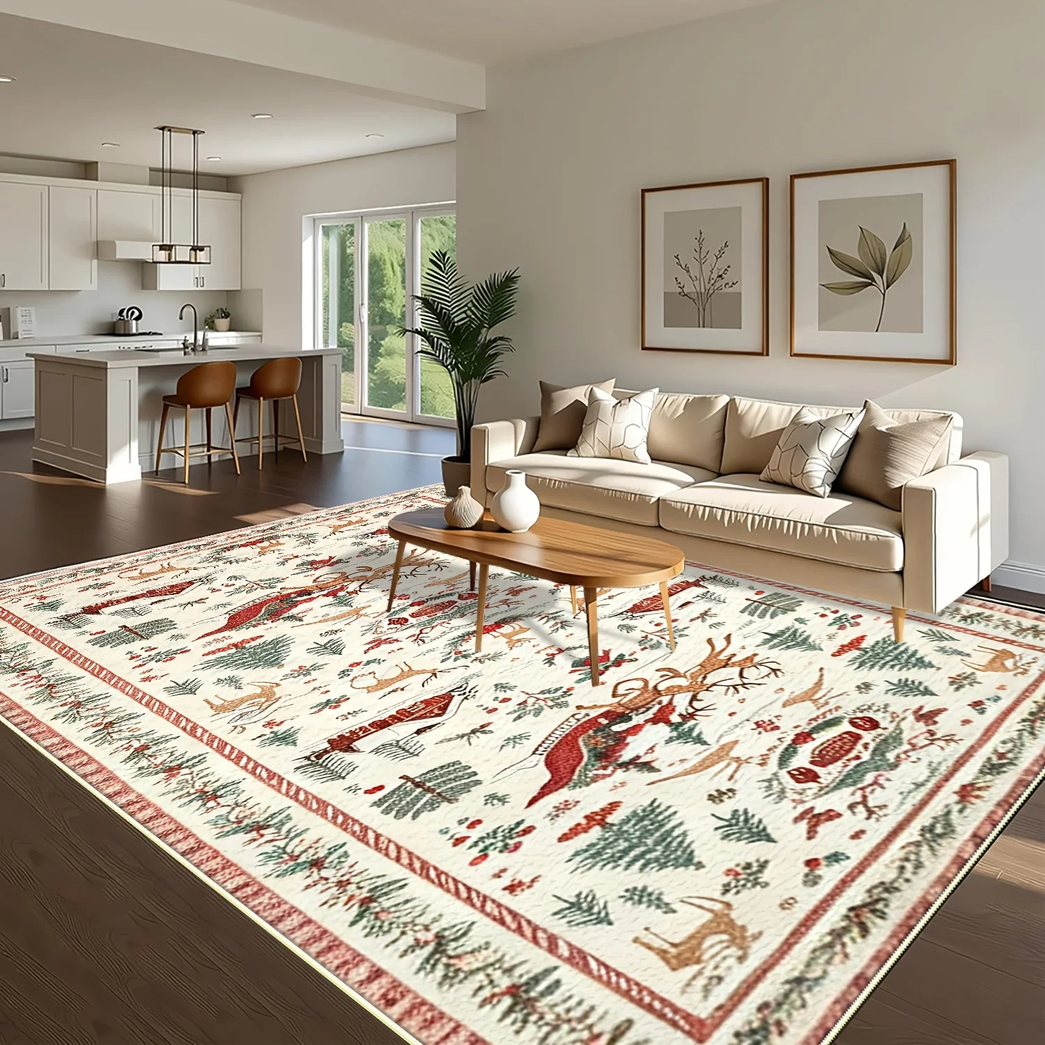 1pc Christmas Accent Area Rug, Red Holiday Rug with Transparent‑style Christmas Tree & Santa Claus Pattern