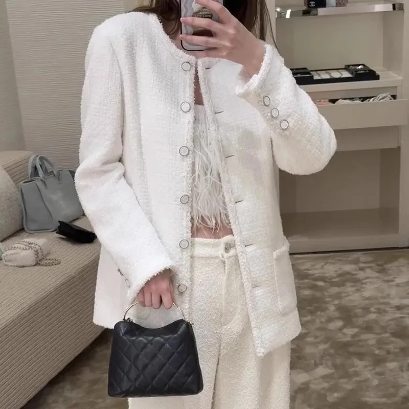 

Новая верхняя одежда для женщин ранней весны, шерсть средней длины, грубый твид, светский темперамент, универсальный топ, элитный женский c