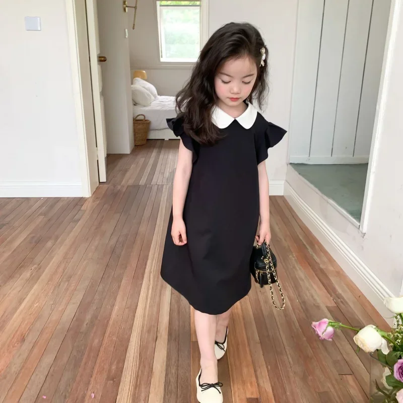 Children'S Summer Clothing New Girls' Korean Fashion Lapel Contrast Color Flying Sleeve Black Dress