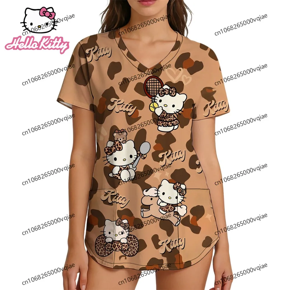 

2026 Summer New Anime Women's Nurse Uniform T-shirts Hello Kitty T-shirt Woman Clothes V Neck Cool Fashion Y2k S-2XL