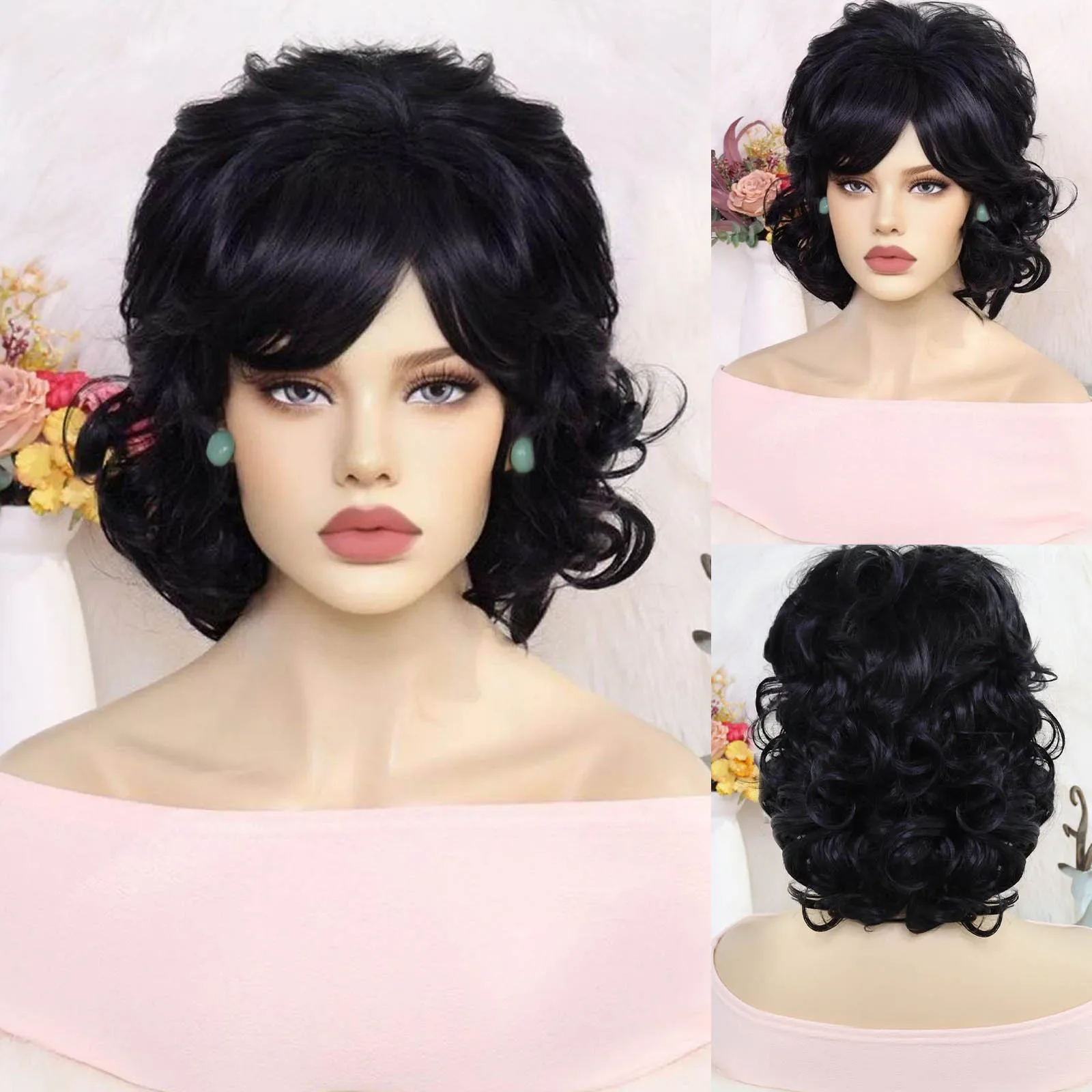 14inch 4Color Short Curly Gray Black Women\'s Synthetic Cosplay Hair Wig with Bangs