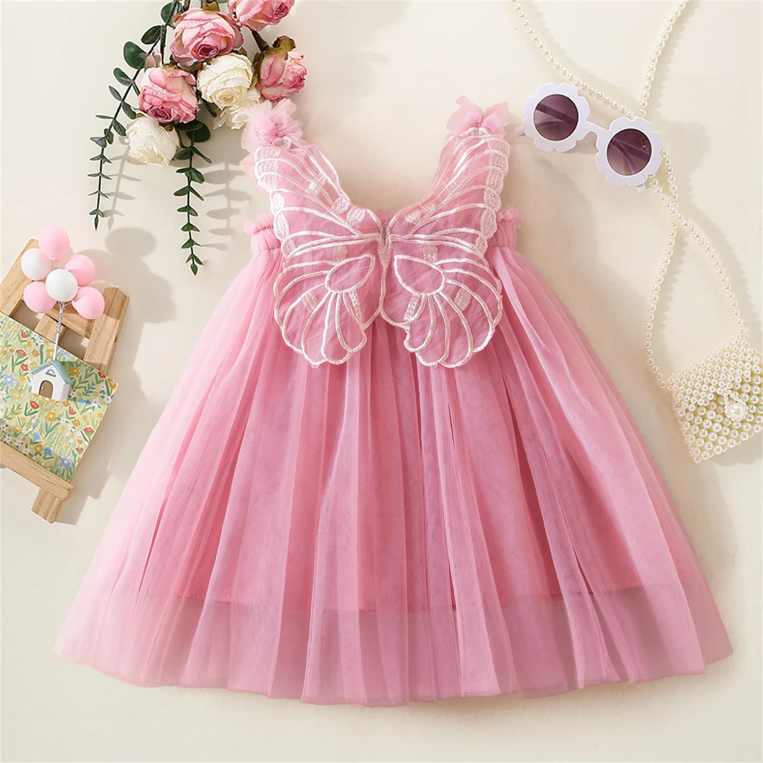 Summer Dress for Girl Sweet Flying Sleeve Rainbow 3D Wings Mesh Kid Birthday Party Dresses 1-5 Yrs Cute Baby Girl Princess Dress