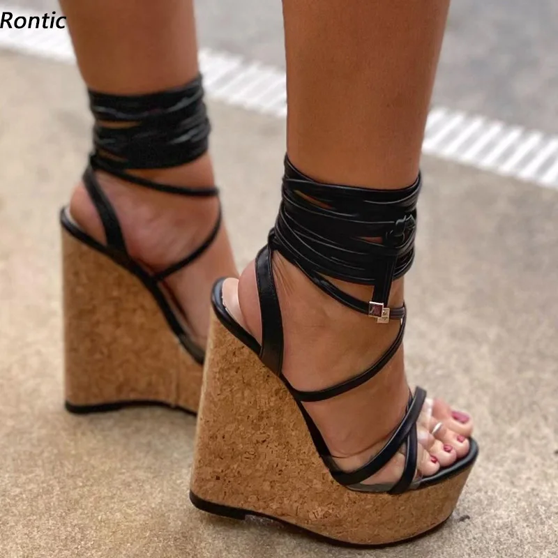 Rontic New Fashion Women Platform Gladiator Sandals Strappy Unisex Wedges Heel Open Toe Elegant Black Party Shoes US Size 5-20