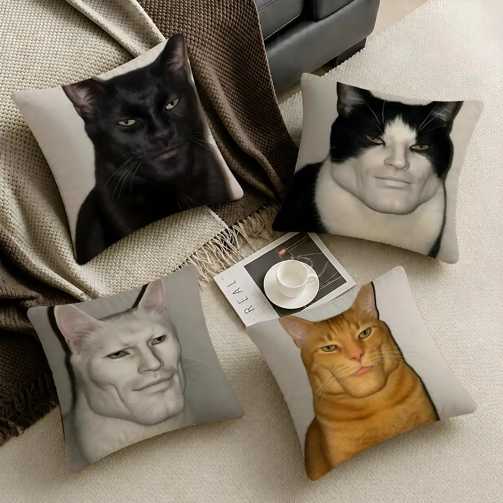 Meme Human Faced Cat Viral Cushion Cover  Throw Pillow Soft Short Plush Cozy Durable Colorfast For Sofa Bedroom Home Decor Gift