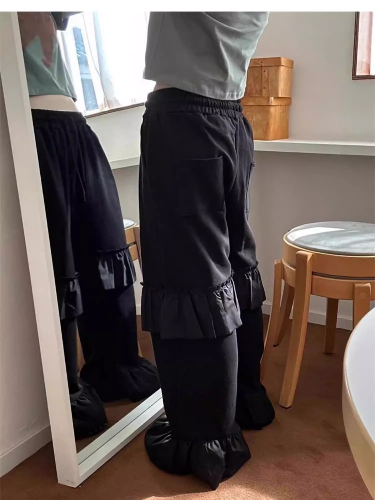 Korean Street Chic Ruffles Personalized Elastic Waist Loose Leisure Pants Versatile Age Reduction Solid Color Straight Trousers
