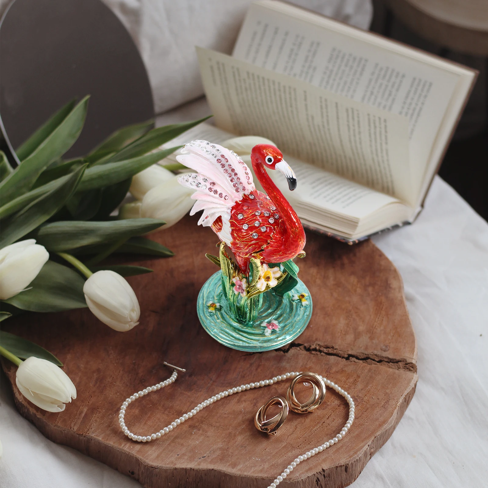 

Multifunctional Flamingo Jewelry Box Vintage Metal Trinket Storage Ring Earrings Organizer For Women Girls White Compact Desktop
