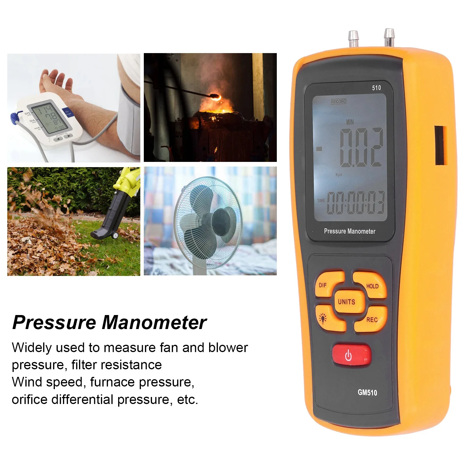 GM510 Digital Differential Pressure Gauge USB Data Logging Backlit LCD For Fan Blower Furnace Air Flow HVAC Testing Meter Tool
