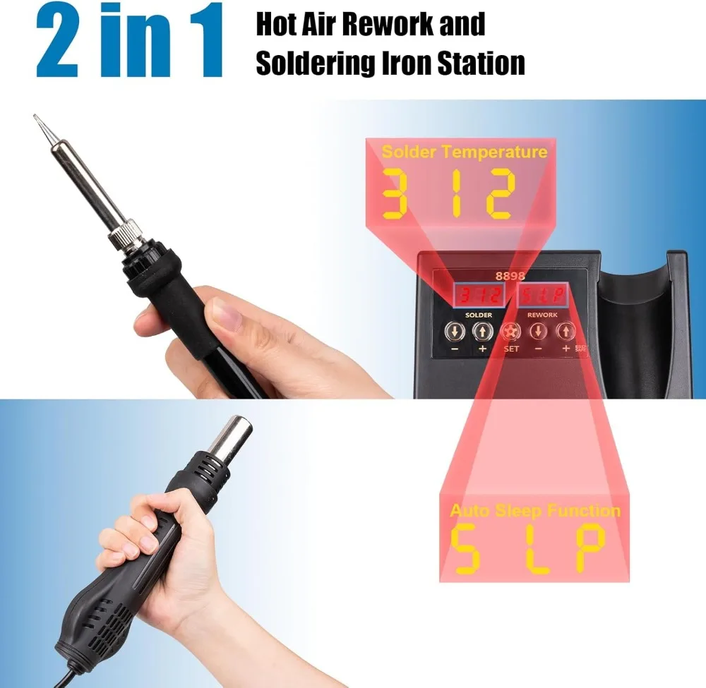 Цифровая паяльная станция 2-в-1 с фен-нагревателем, регулируемой температурой и функцией автоматического сна
