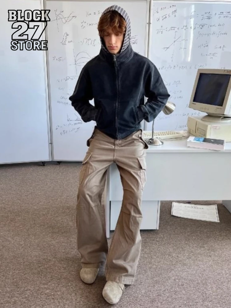 

Mens Pants Harajuku Streetwear Vintage Washed Sand Color Cargo Trousers Loose Fit Straight Leg Pocket Design Spring Autumn New