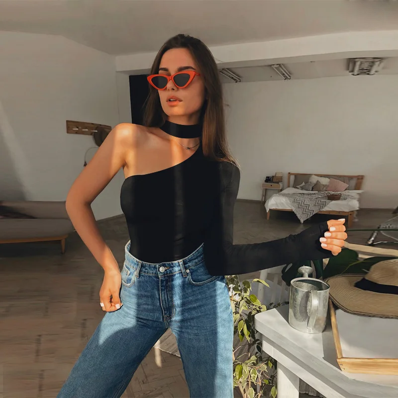 

Fashion Halter Neck Skinny Bodysuit Sexy one shoulder Long sleeved Female Playsuits Mujer Women's jumpsuit solid top y2k autumn