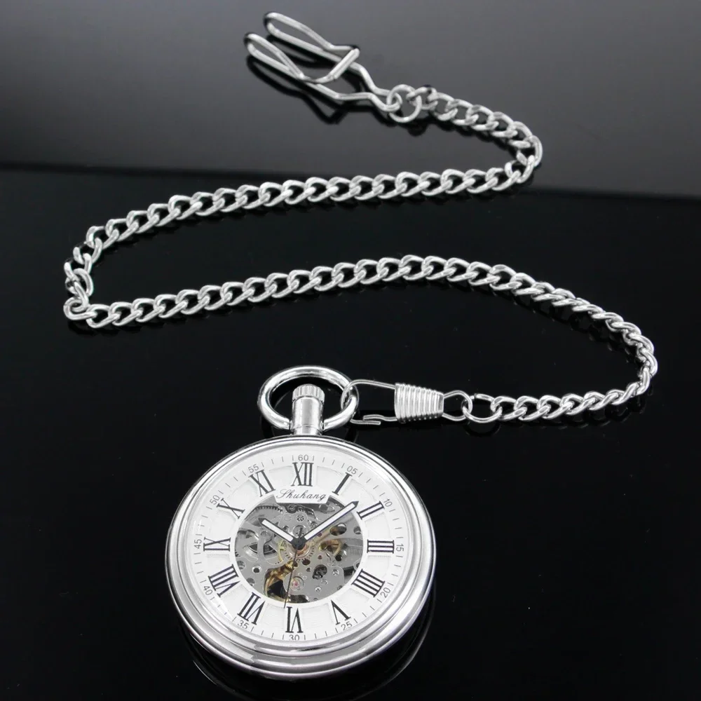 SHUHANG New Mechanic Watch Men Automatic Self Winding Pocket Watch Silver Simple Open Face Chain Pendant with Roman Number