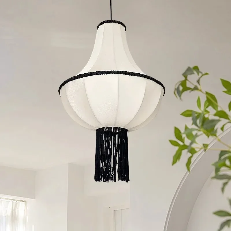 Japanese Retro Wabi Sabi White Cloth Pendant Light Living Dining Bedroom Fabric Tassel Droplight Home Decor Lamp Indoor Fixtures