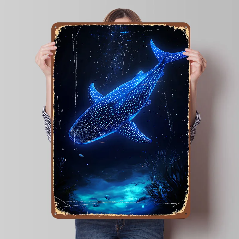 Glowing Whale Shark in Deep Blue Sea Printed Poster Customized Wall Art Retro Vintage Metal Tin Signs for Home Custom Plate Deco
