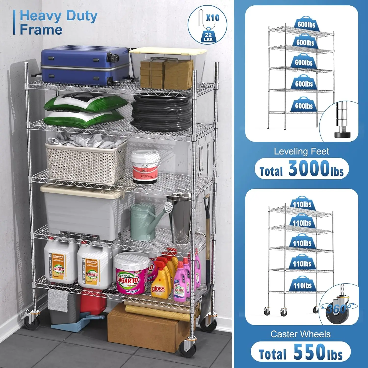 Luxspire Wire Shelving with Wheels,3000LB Heavy Duty Commercial-Grade Adjustable Storage Shelves, NSF-Certified Metal Shelving U