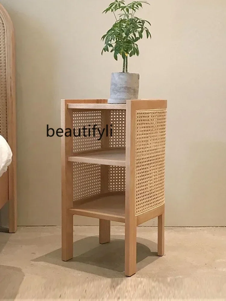 

zqBedside Table Narrow Nordic Solid Wood Rattan Bedroom Side Cabinet Simple Bed & Breakfast Locker Japanese Style Storage