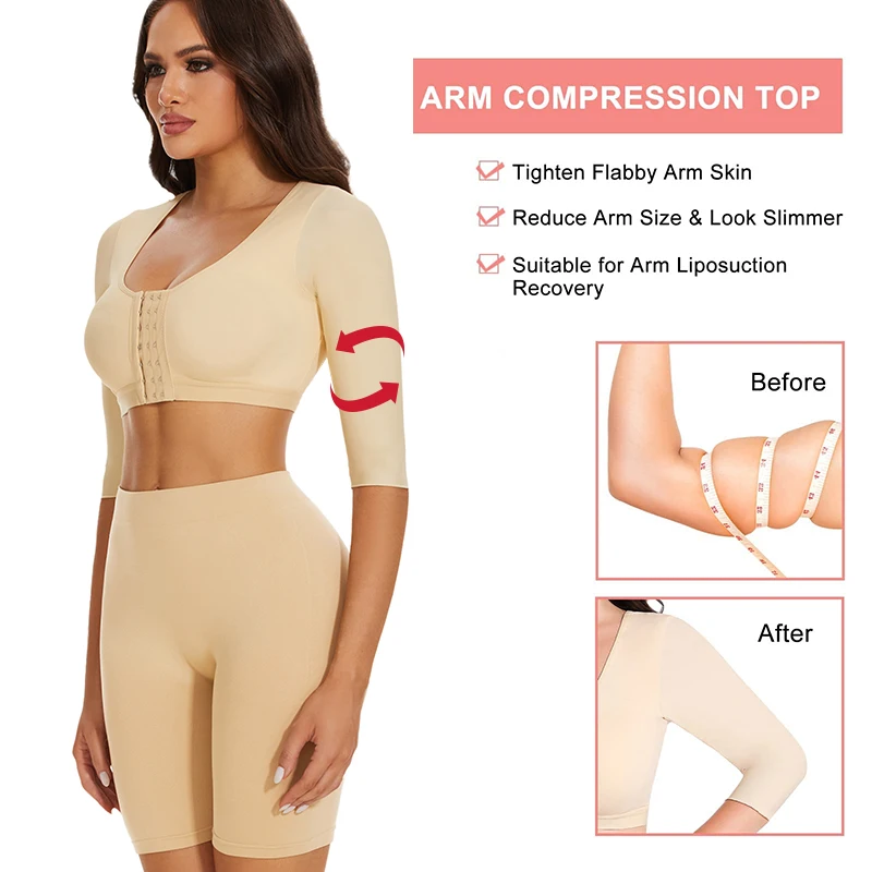 Top de compresión de manga moldeadora de brazo superior para mujer, sujetador con cierre frontal, Push Up, soporte para espalda, Tops recortados